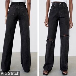 Zara Black Ripped Wide Leg Jeans